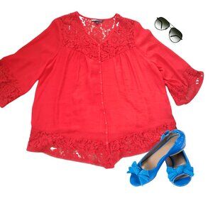 Zac & Rachel Woman red 3/4 sleeve lace detail button down front bohemian NWT 1X
